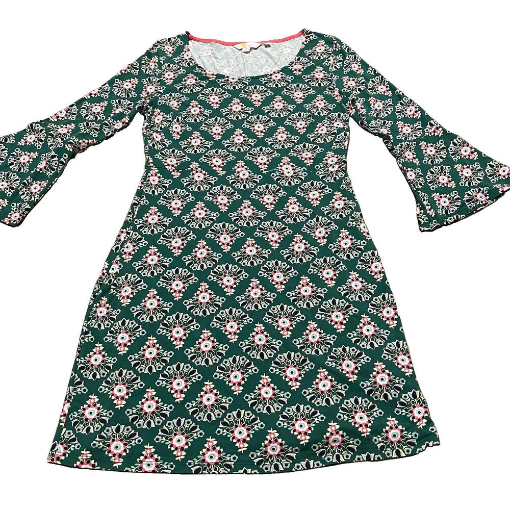 Boden Miriam Jersey Tunic Dress Size 8 Green Floral Medallion 3/4 Bell Sleeve